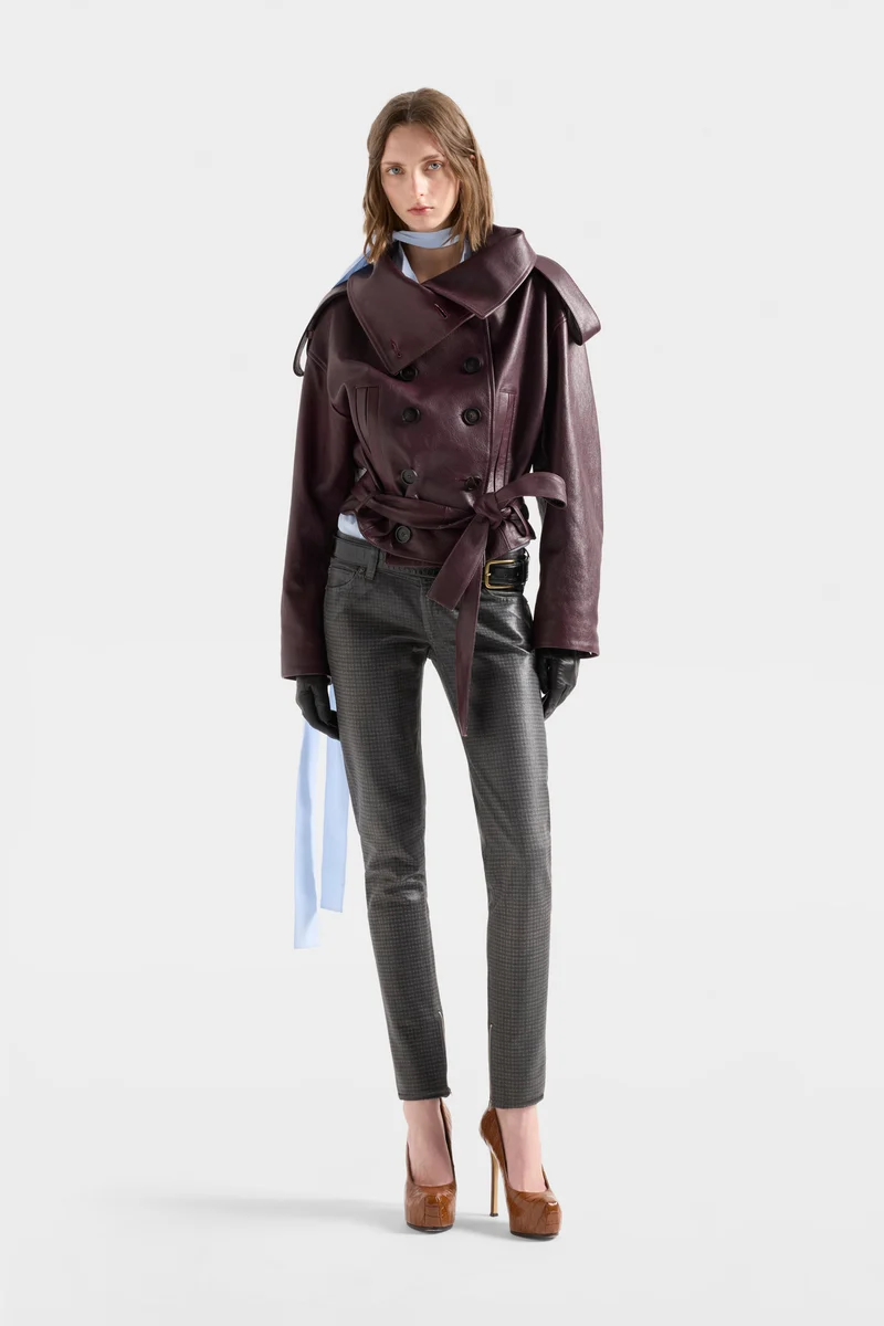 DOUBLE BREASTED HIGH NECK SHORT COAT in Leather Black Cherry