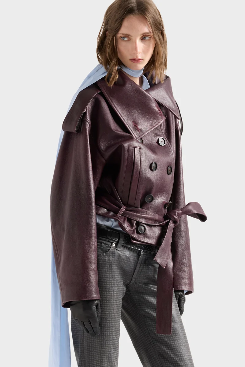 DOUBLE BREASTED HIGH NECK SHORT COAT in Leather Black Cherry