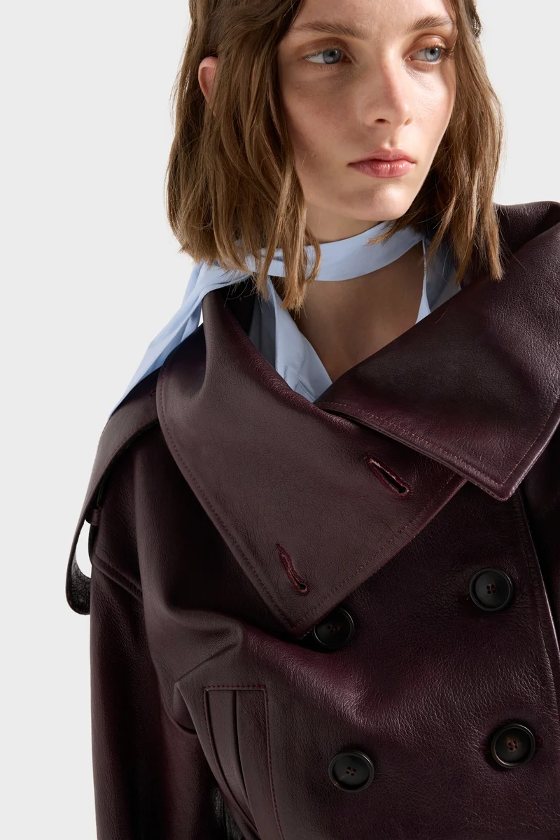 DOUBLE BREASTED HIGH NECK SHORT COAT in Leather Black Cherry