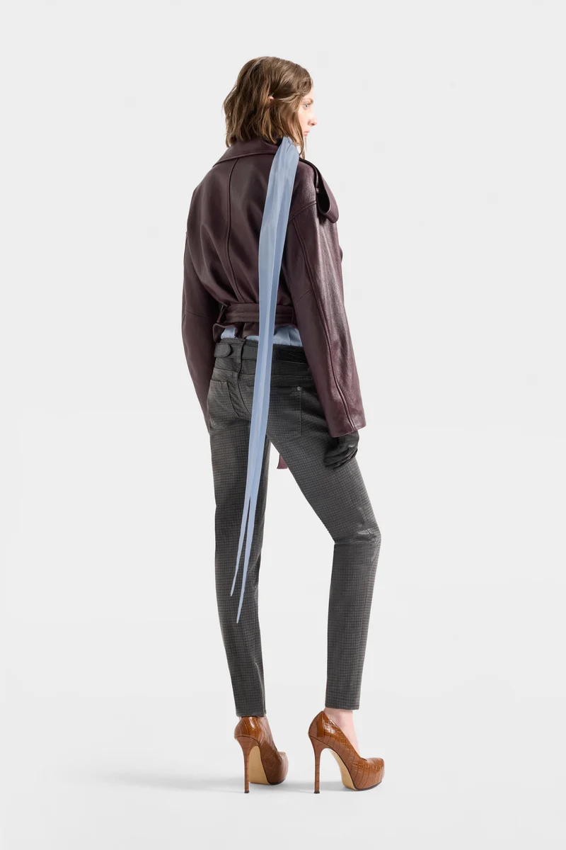 DOUBLE BREASTED HIGH NECK SHORT COAT in Leather Black Cherry