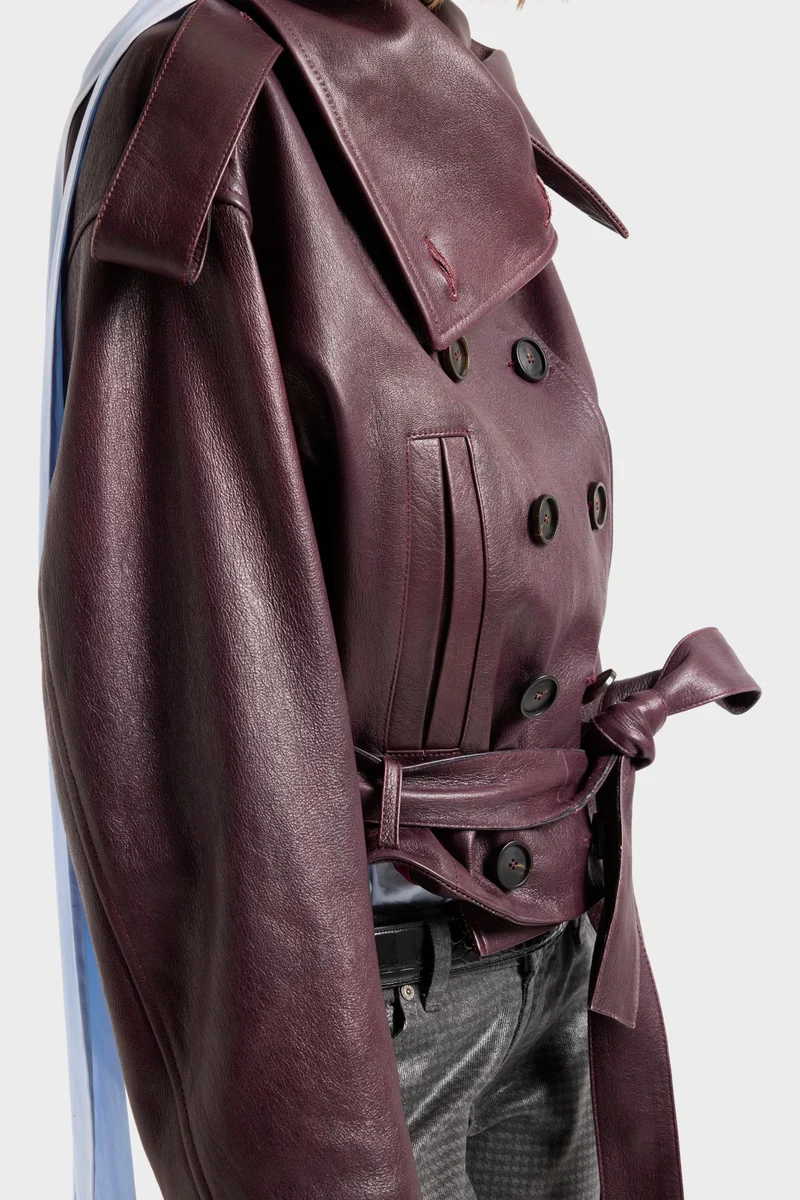 DOUBLE BREASTED HIGH NECK SHORT COAT in Leather Black Cherry