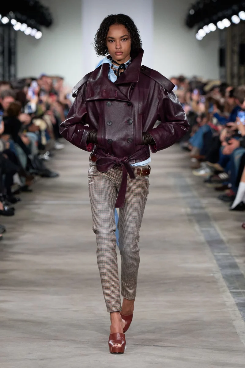 DOUBLE BREASTED HIGH NECK SHORT COAT in Leather Black Cherry