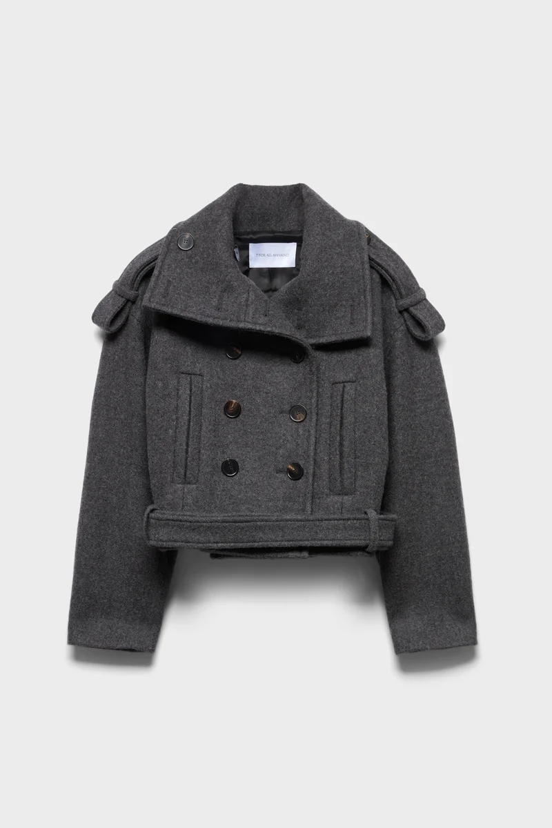 DOUBLE BREASTED HIGH NECK SHORT COAT in Wool Gunmetal