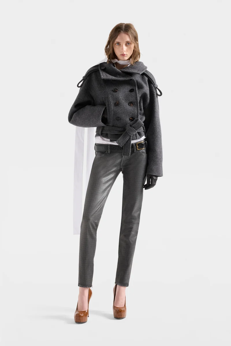 DOUBLE BREASTED HIGH NECK SHORT COAT in Wool Gunmetal
