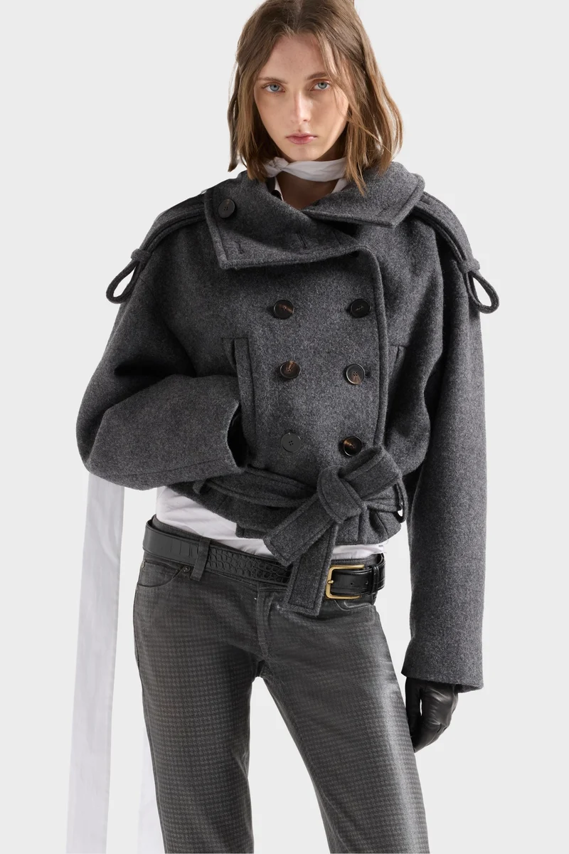 DOUBLE BREASTED HIGH NECK SHORT COAT in Wool Gunmetal
