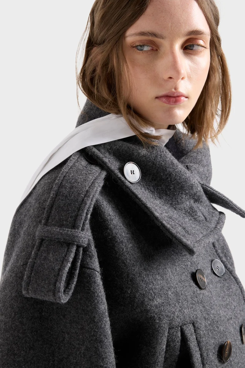 DOUBLE BREASTED HIGH NECK SHORT COAT in Wool Gunmetal