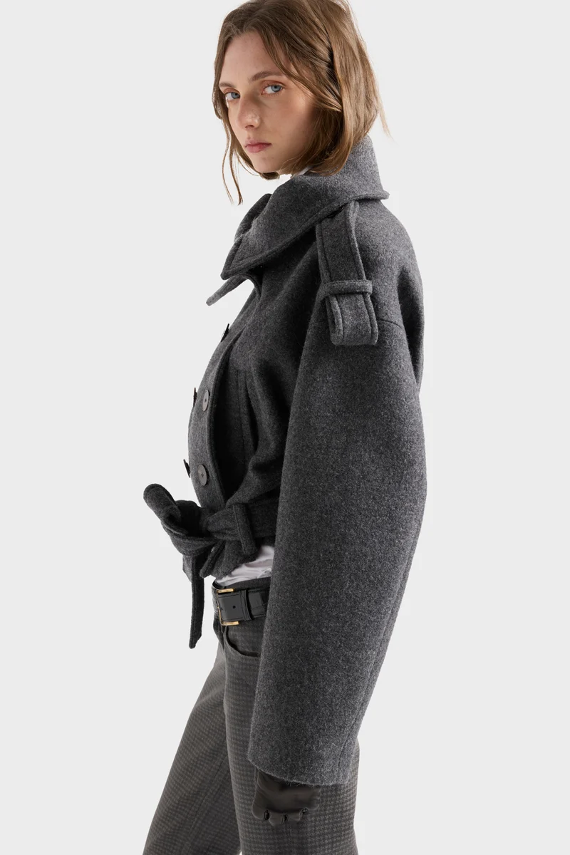 DOUBLE BREASTED HIGH NECK SHORT COAT in Wool Gunmetal
