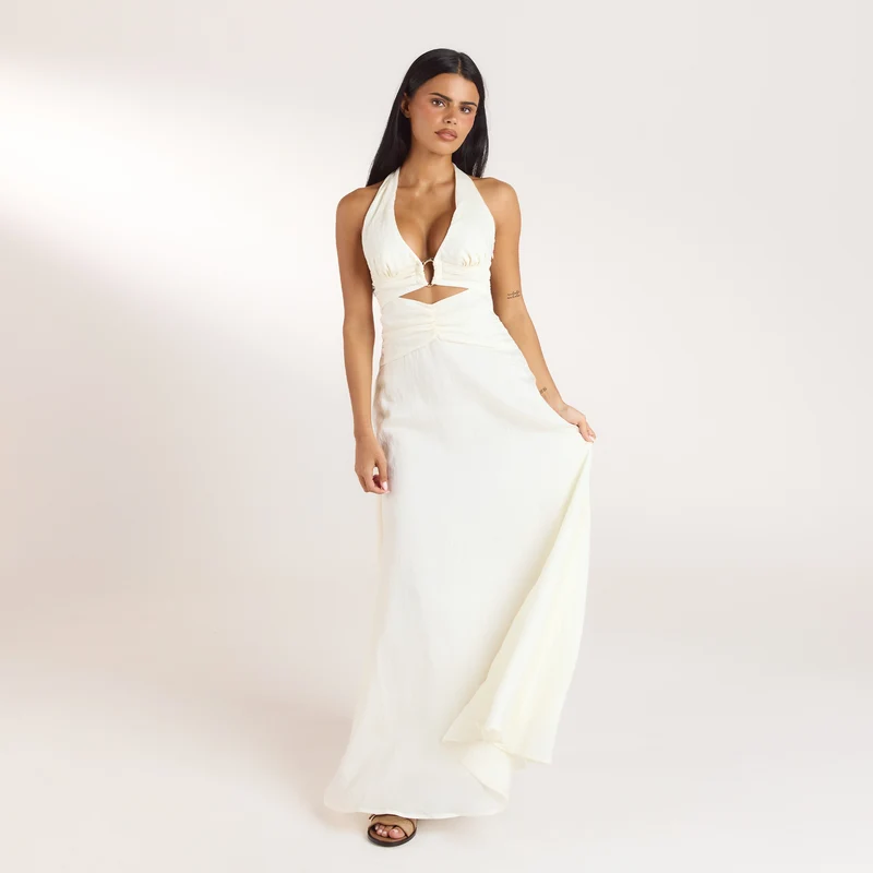 Gerüschtes Tencel Maxikleid - Crèmefarbe