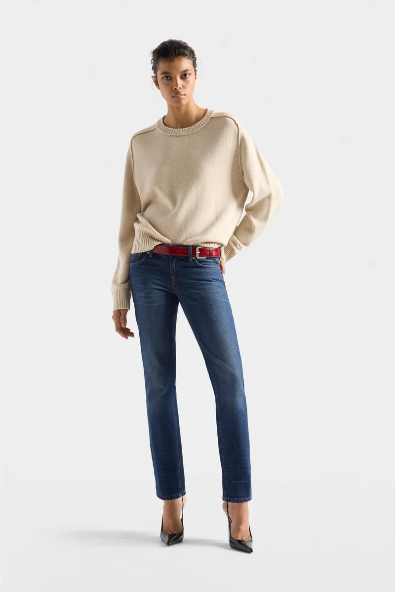 SADDLE CREWNECK SWEATER in Wool Blend Moonbeam