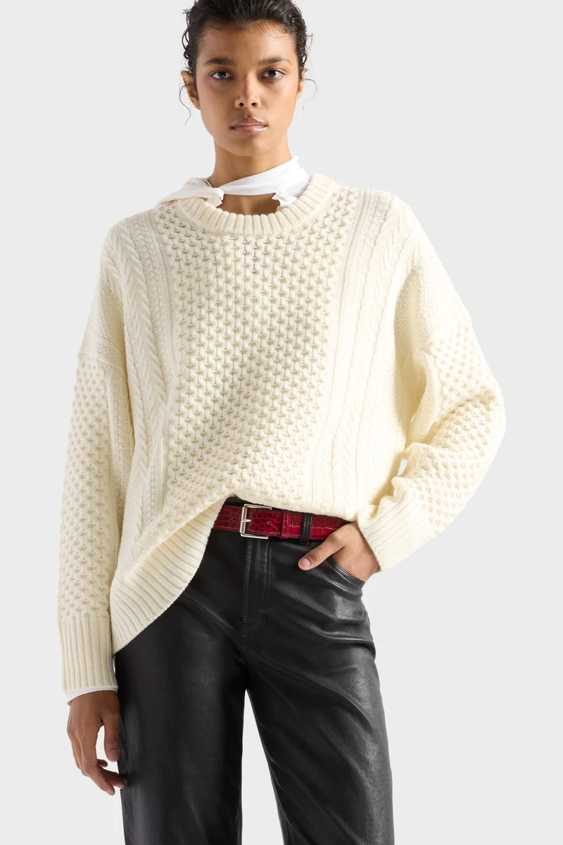 FISHERMAN CREWNECK SWEATER in Merino Wool Ecru