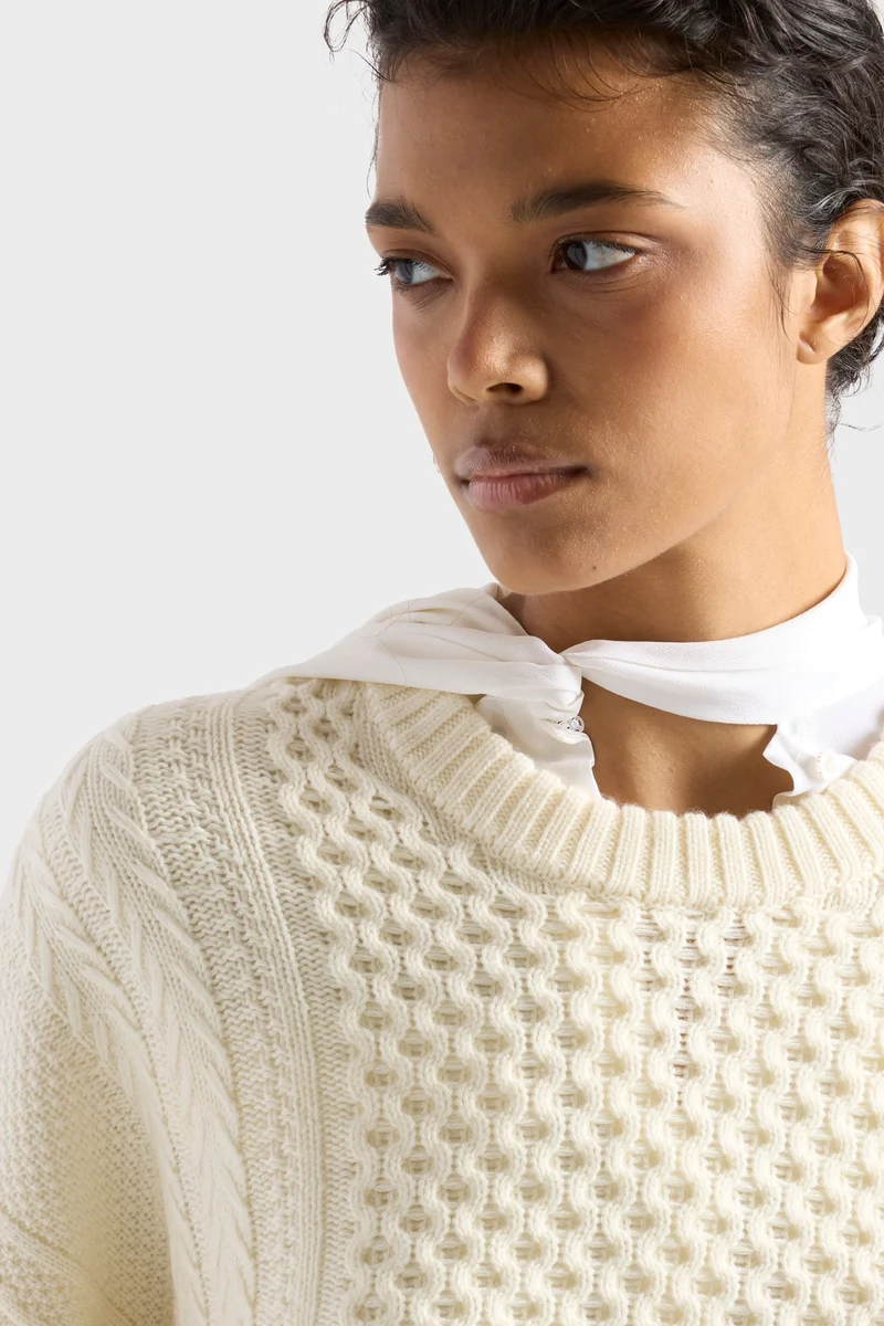 FISHERMAN CREWNECK SWEATER in Merino Wool Ecru