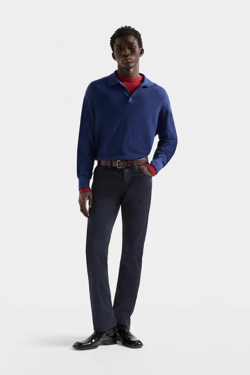 LONG SLEEVE POLO in Wool Lapis