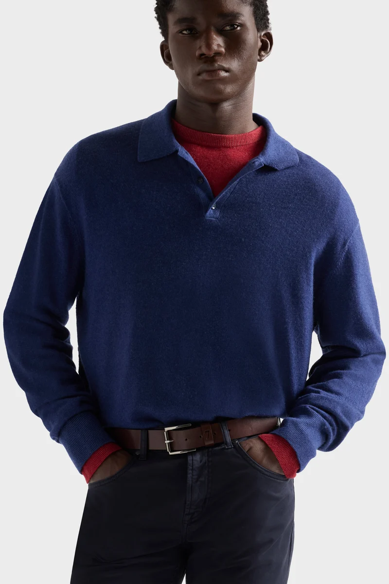 LONG SLEEVE POLO in Wool Lapis