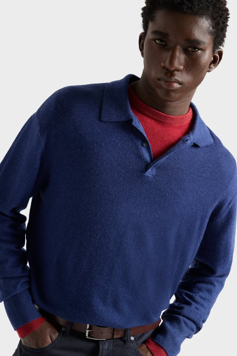 LONG SLEEVE POLO in Wool Lapis