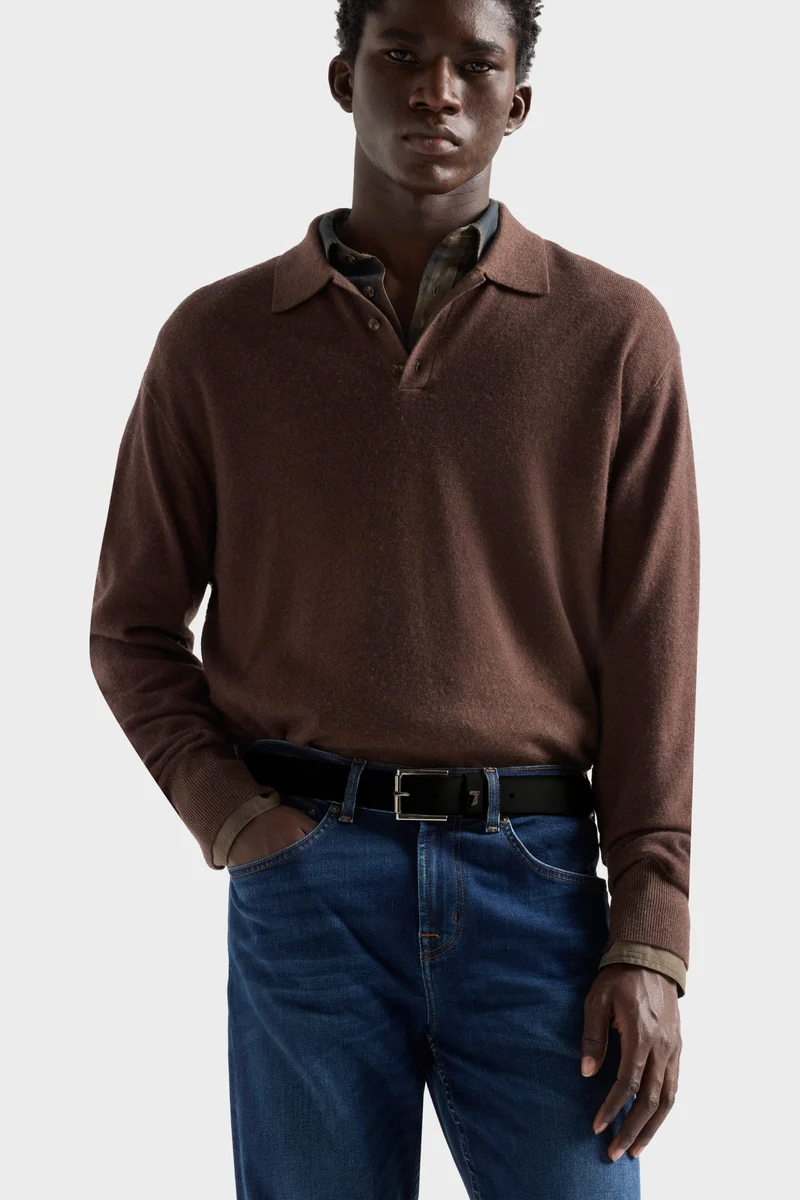 LONG SLEEVE POLO in Wool Espresso