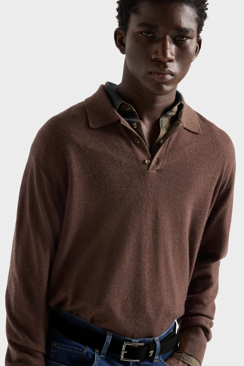 LONG SLEEVE POLO in Wool Espresso