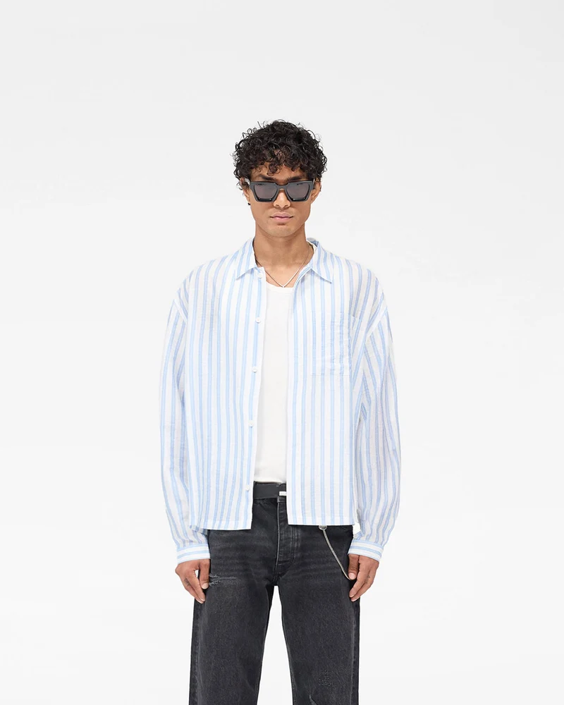 Long Sleeve Sheer Stripe Boxy Shirt - Ice Blue
