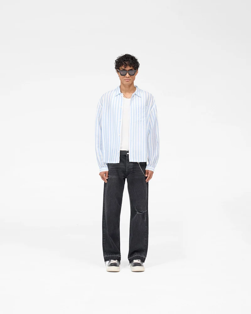 Long Sleeve Sheer Stripe Boxy Shirt - Ice Blue