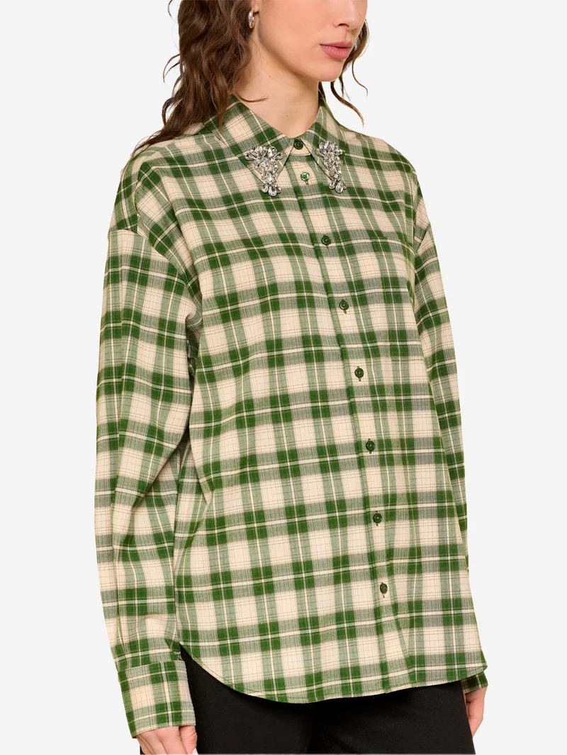 Camicia in flanella a quadri verdi e beige con colletto impreziosito da strass