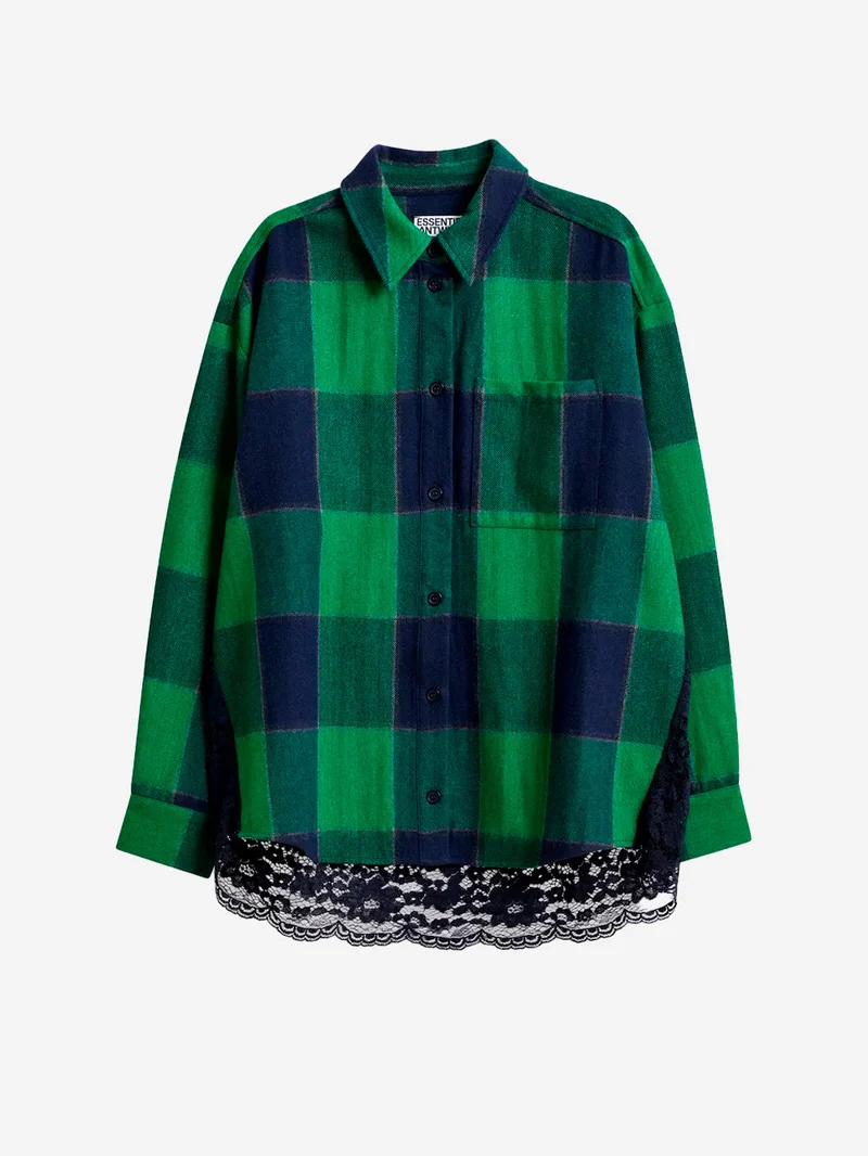 Camicia di flanella a quadri in misto lana con pannello in pizzo