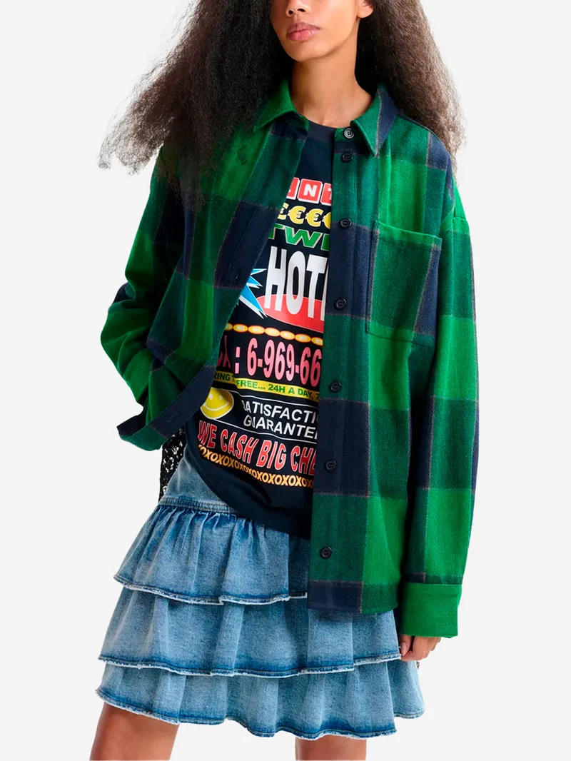 Camicia di flanella a quadri in misto lana con pannello in pizzo