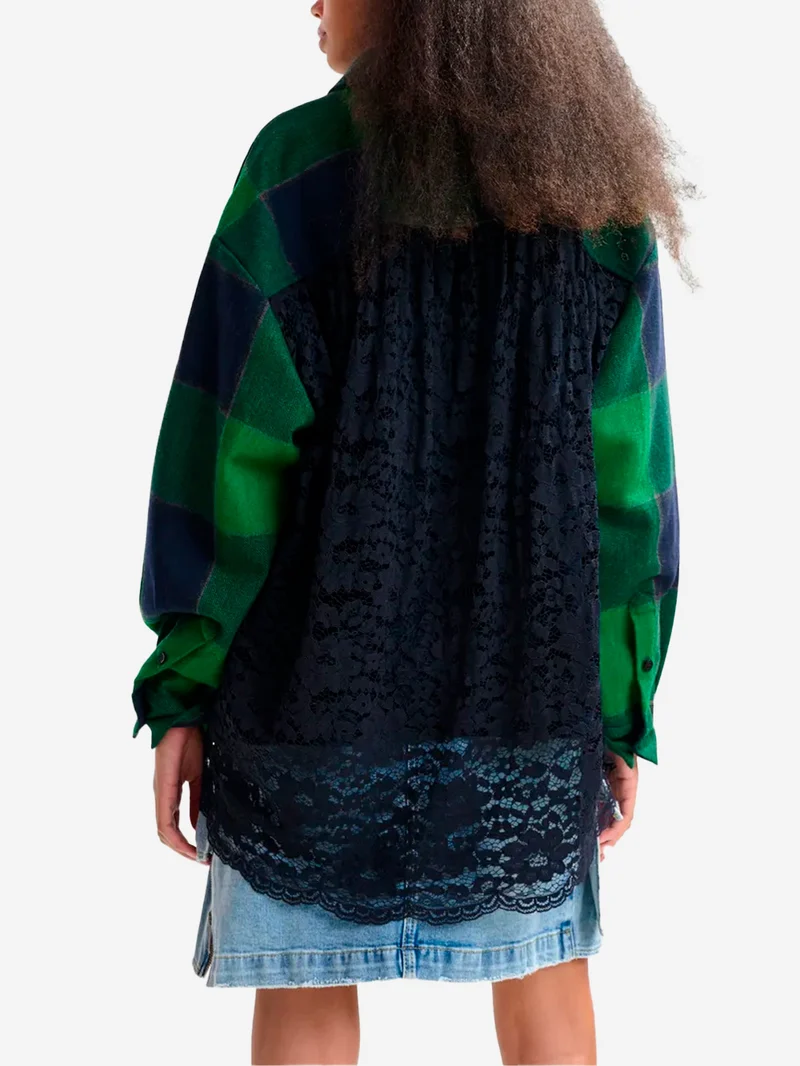 Camicia di flanella a quadri in misto lana con pannello in pizzo