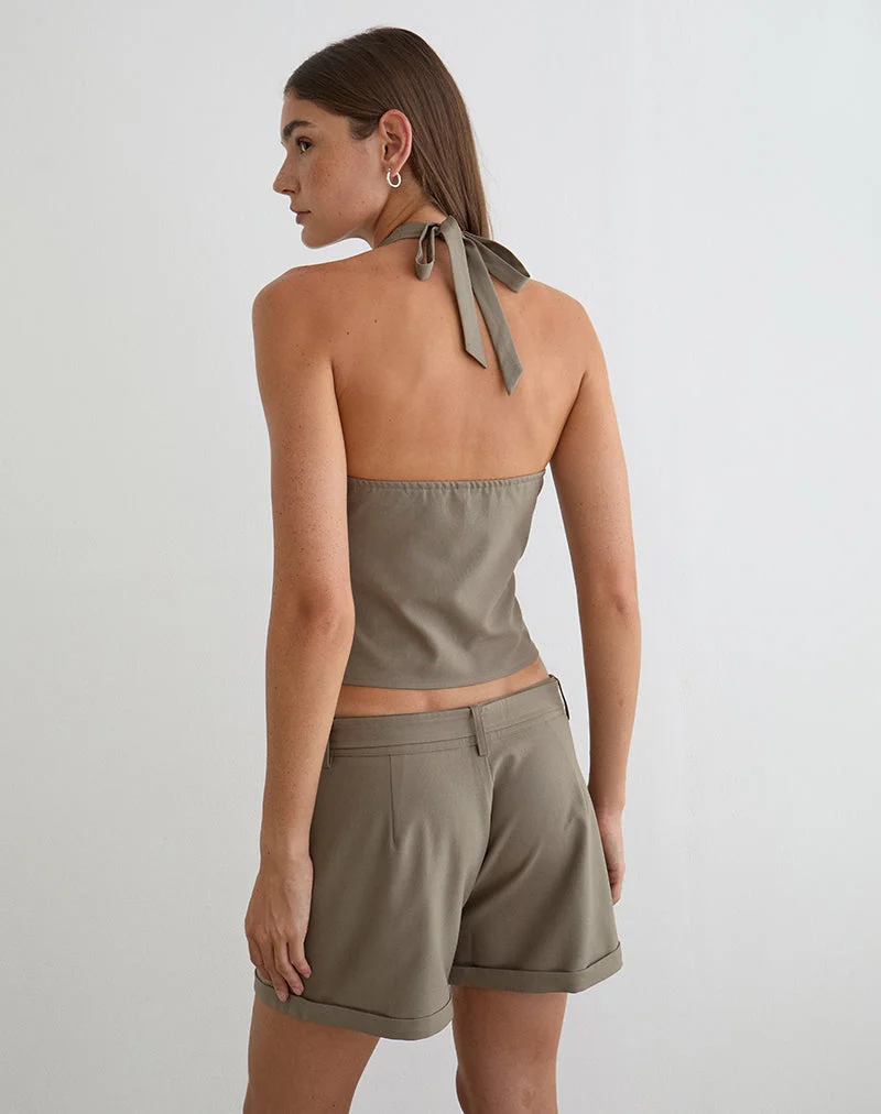 Miyuki-Top mit Bindeband vorne und Neckholder-Ausschnitt in Tailoring Dark Beige