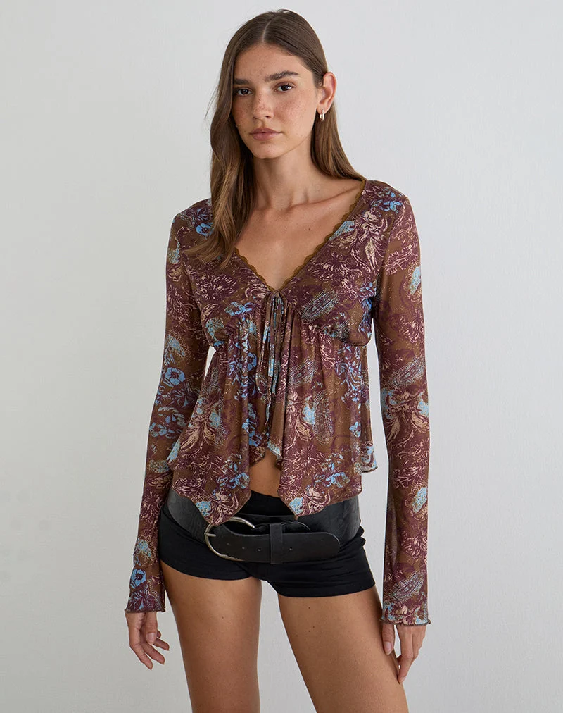 Concetta Langarm-Oberteil in „Feathery Paisley Brown“