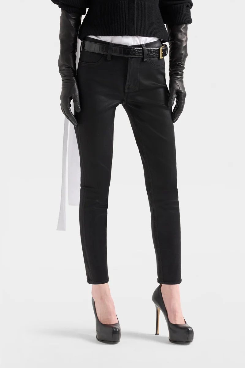 HIGH WAIST ANKLE SKINNY in Coated Denim Black