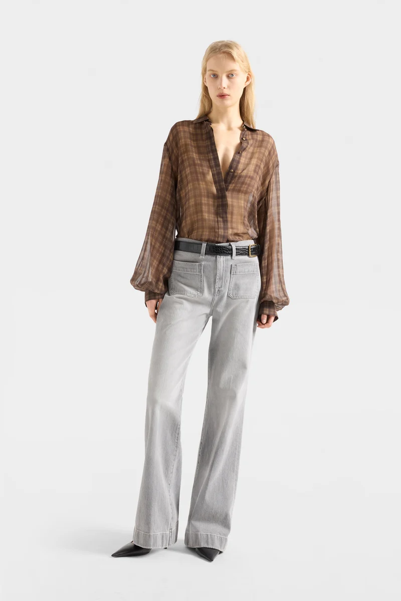 BALLOON SLEEVE SHIRT in Cotton Silk Hound Check