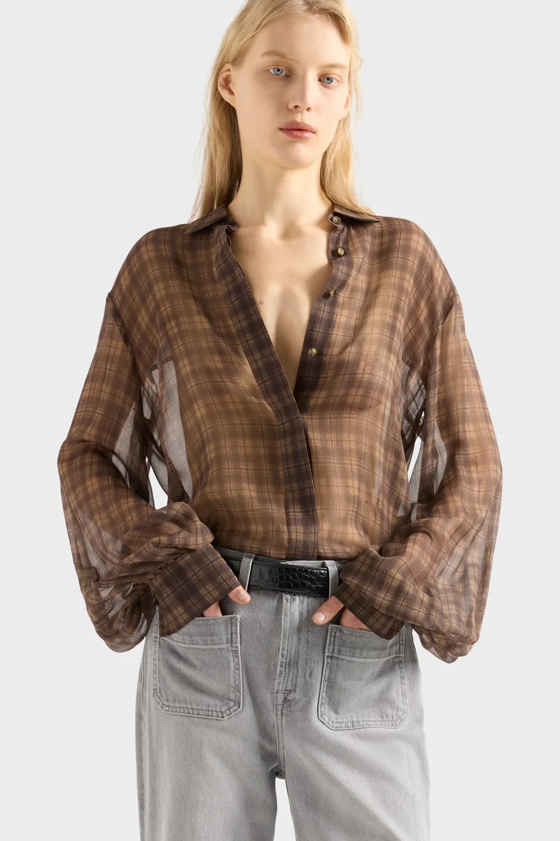BALLOON SLEEVE SHIRT in Cotton Silk Hound Check