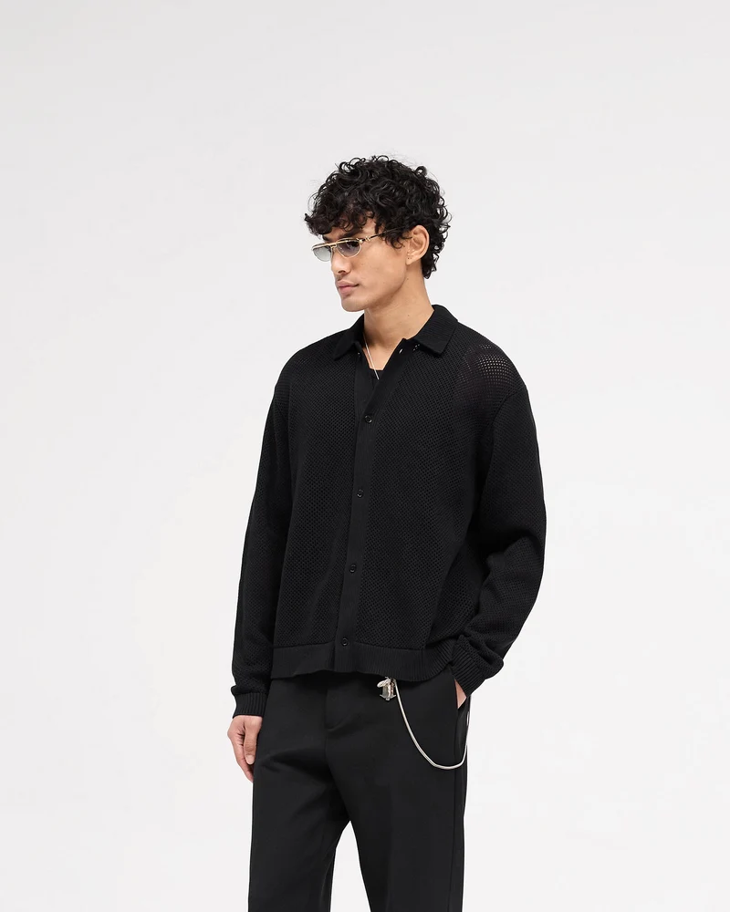 Long Sleeve Mesh Knit Shirt - Jet Black