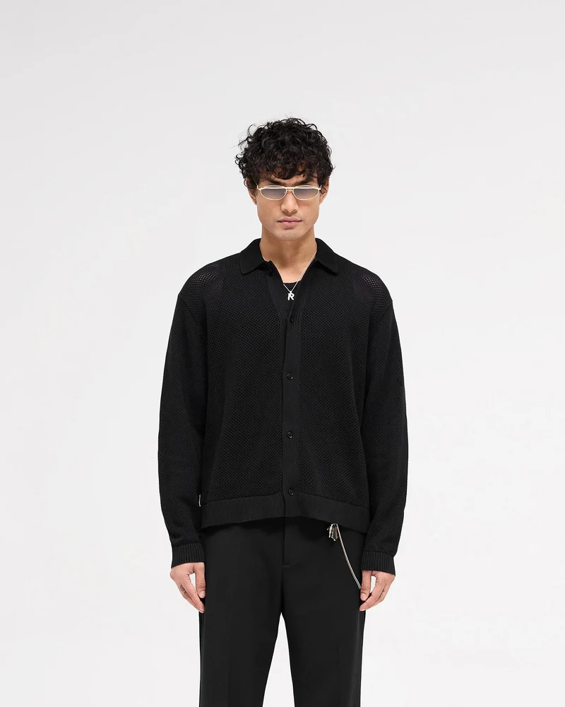 Long Sleeve Mesh Knit Shirt - Jet Black