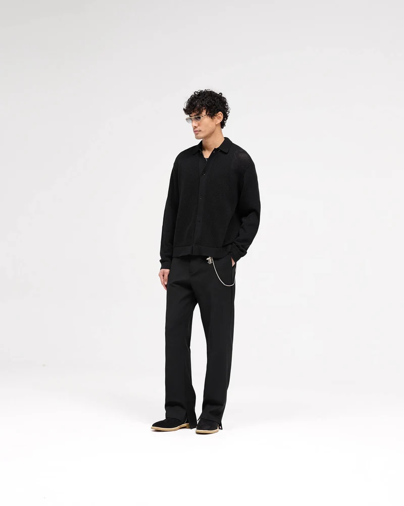 Long Sleeve Mesh Knit Shirt - Jet Black