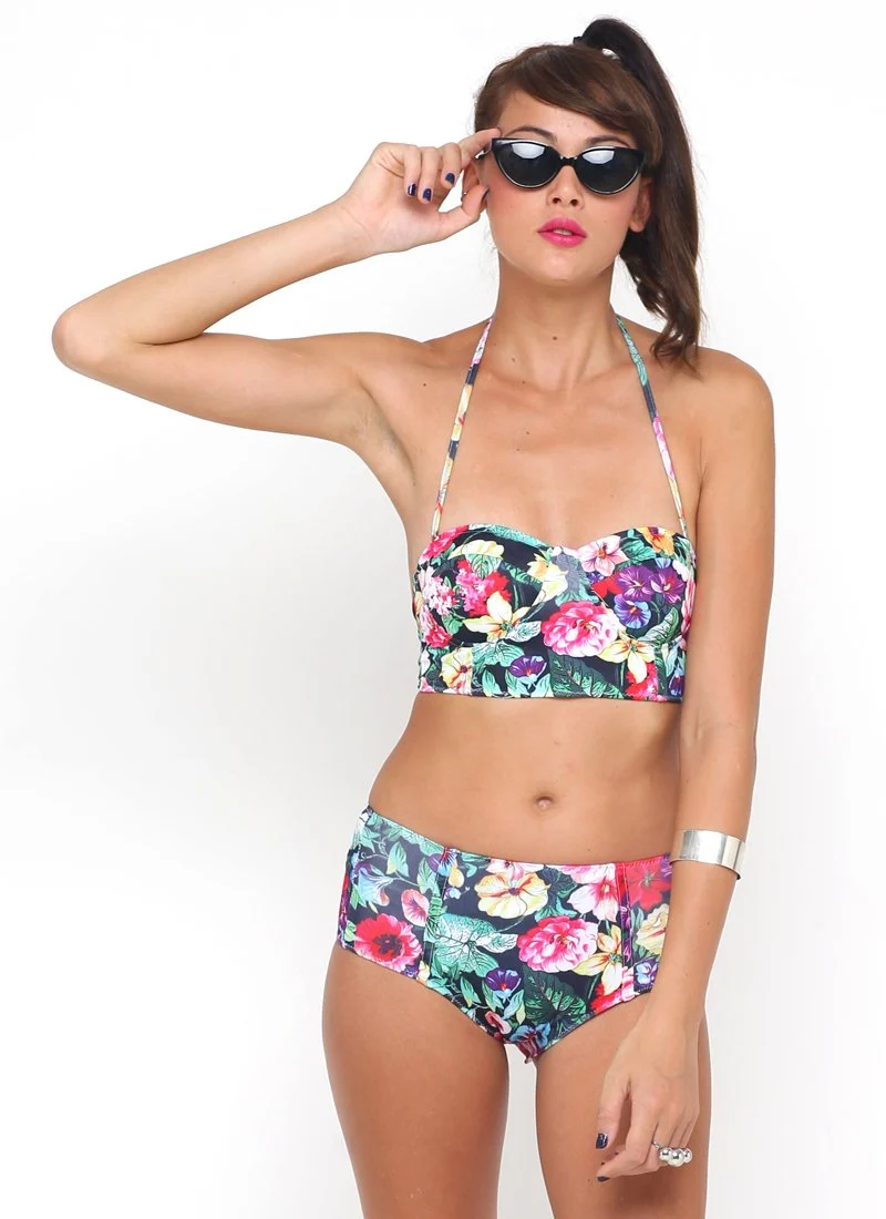 Bikini-Oberteil mit langem Ausschnitt in Cottage Garden