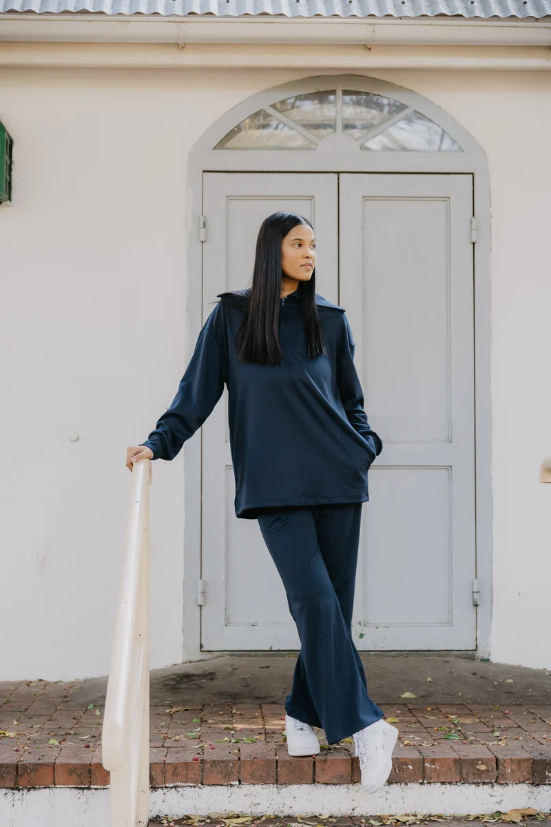 1/4 Zip Fancy Collar Track- Navy Blue