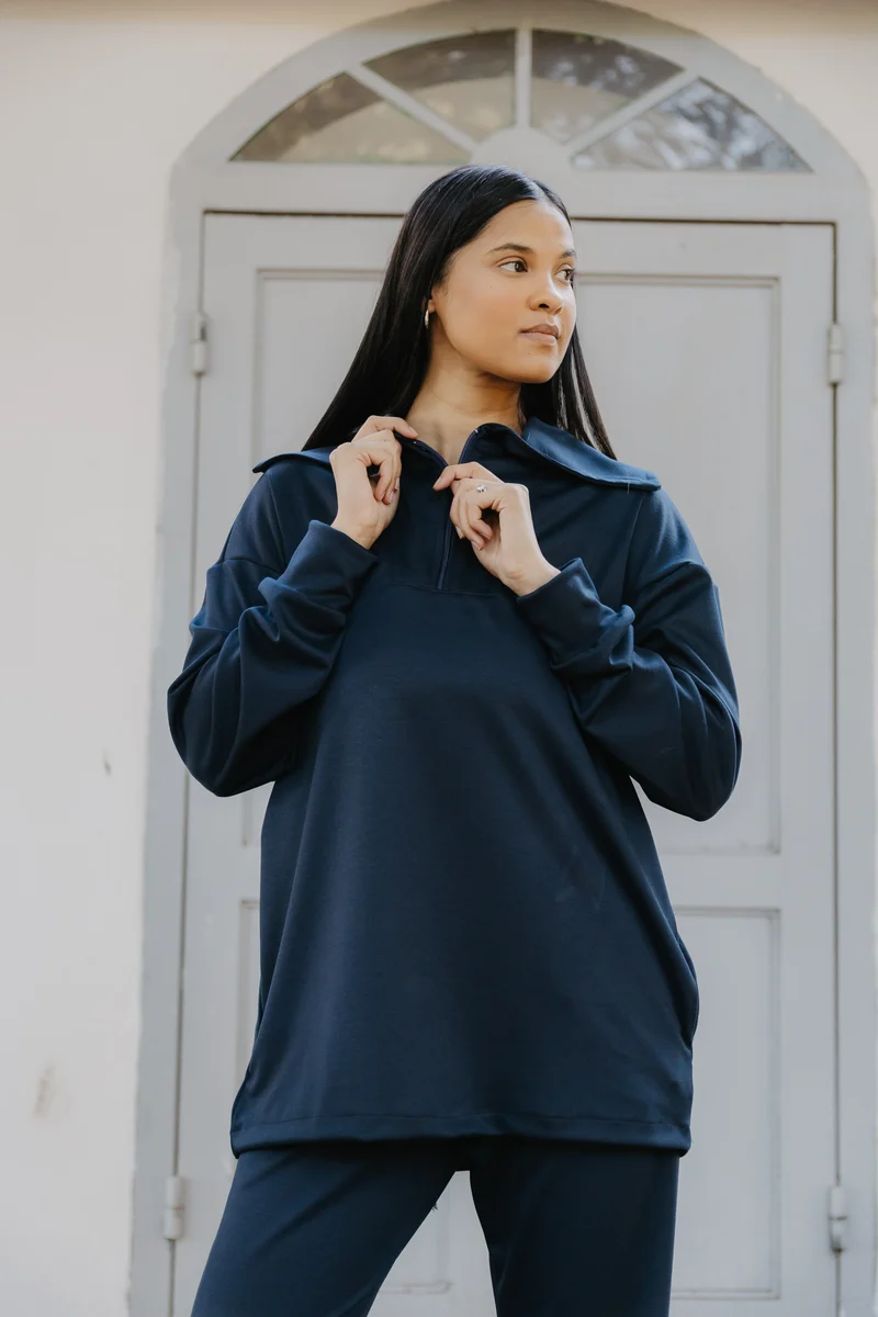 1/4 Zip Fancy Collar Track- Navy Blue