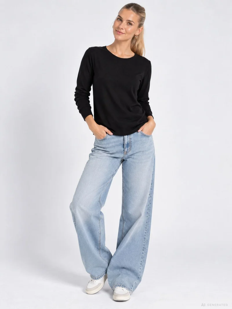 Damen Feinstrickshirt mit Rundhalsausschnitt – Schwarz