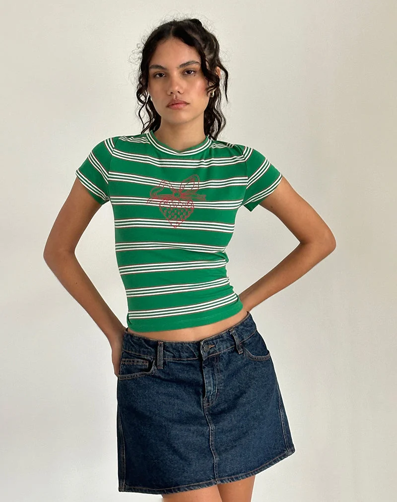 Glenda Jersey Tee in Grün und Weiß gestreift mit Erdbeermotiv