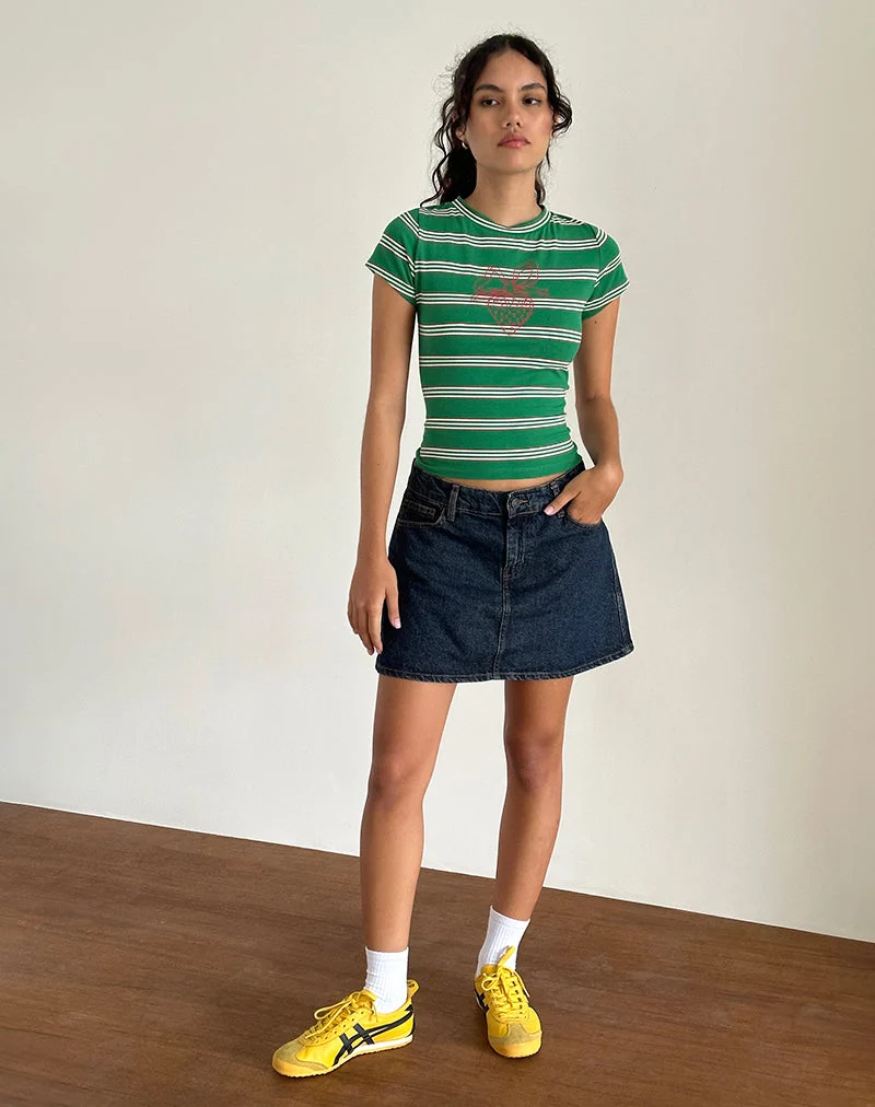 Glenda Jersey Tee in Grün und Weiß gestreift mit Erdbeermotiv