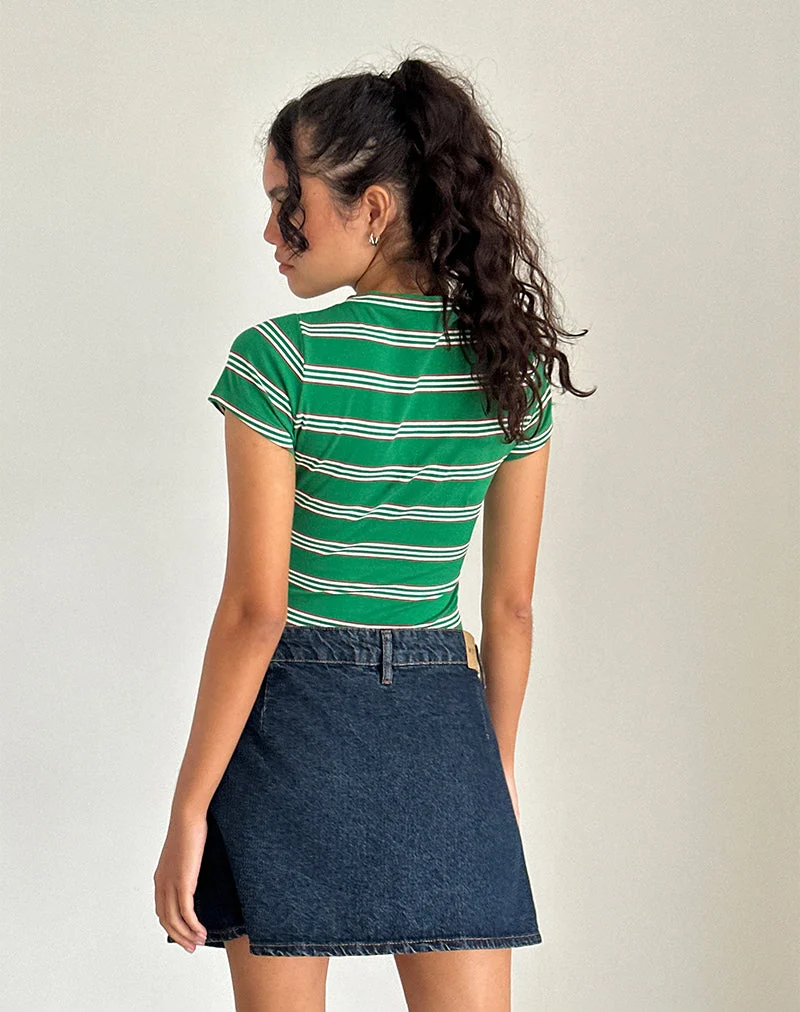 Glenda Jersey Tee in Grün und Weiß gestreift mit Erdbeermotiv