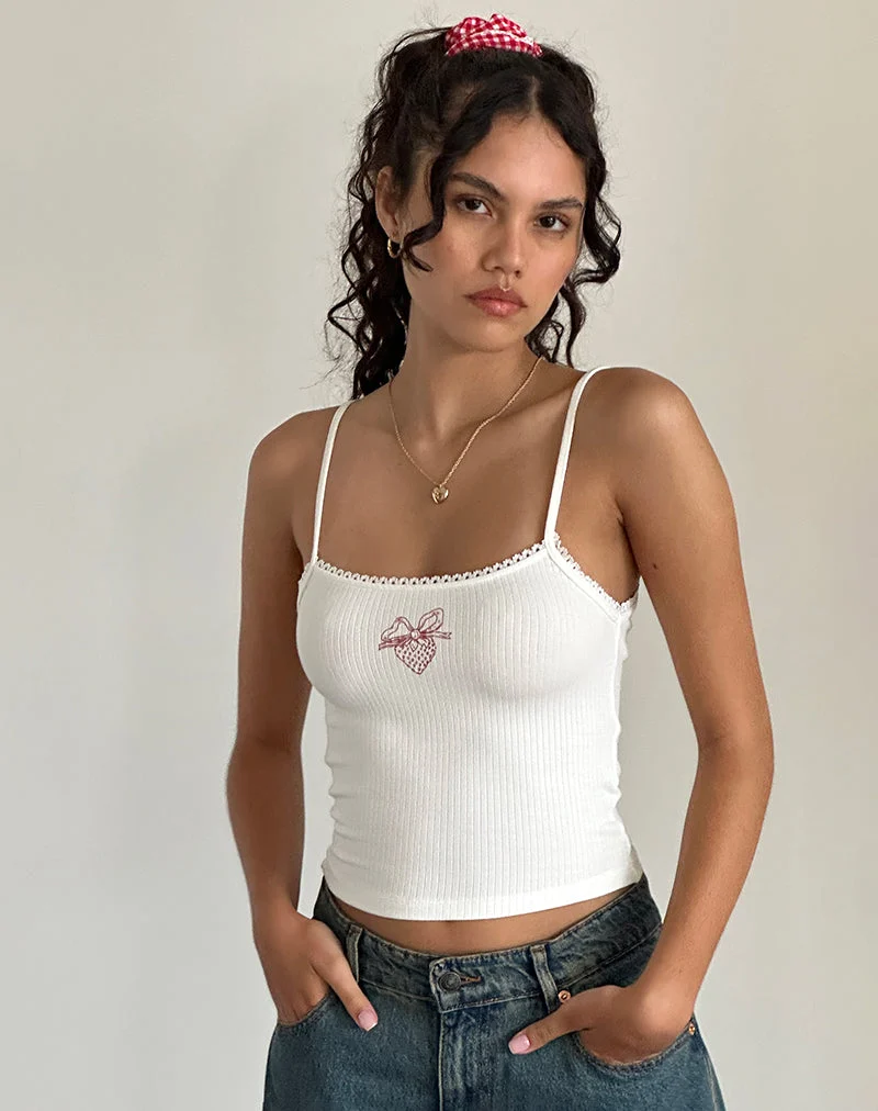 Suna Vest Top in Off White mit Erdbeer-Schleifenprint