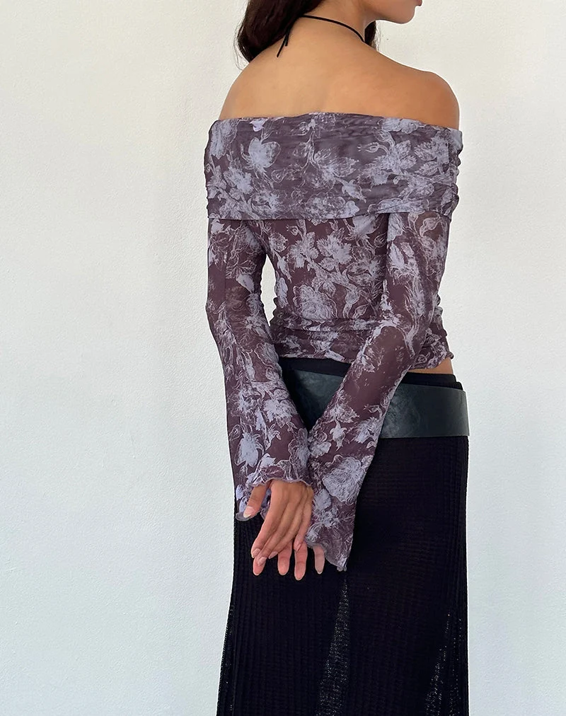 Noelle Bardot Top in Botanic Sketch Violett