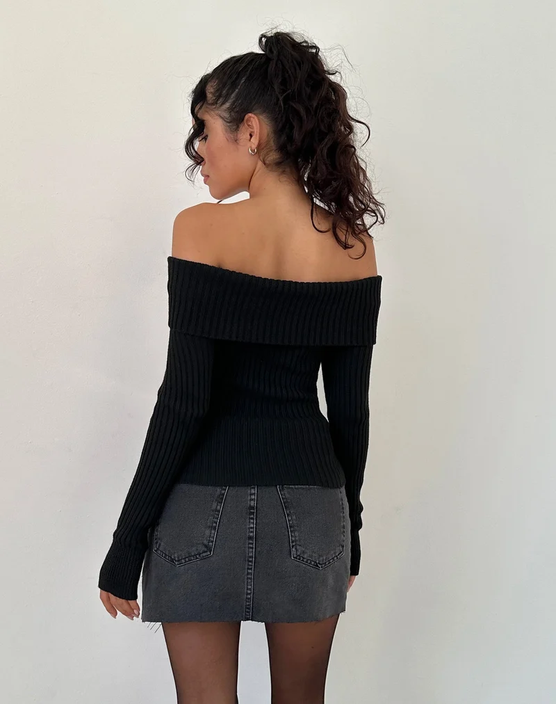 Circe Off-Shoulder Langarm-Strickoberteil in Schwarz