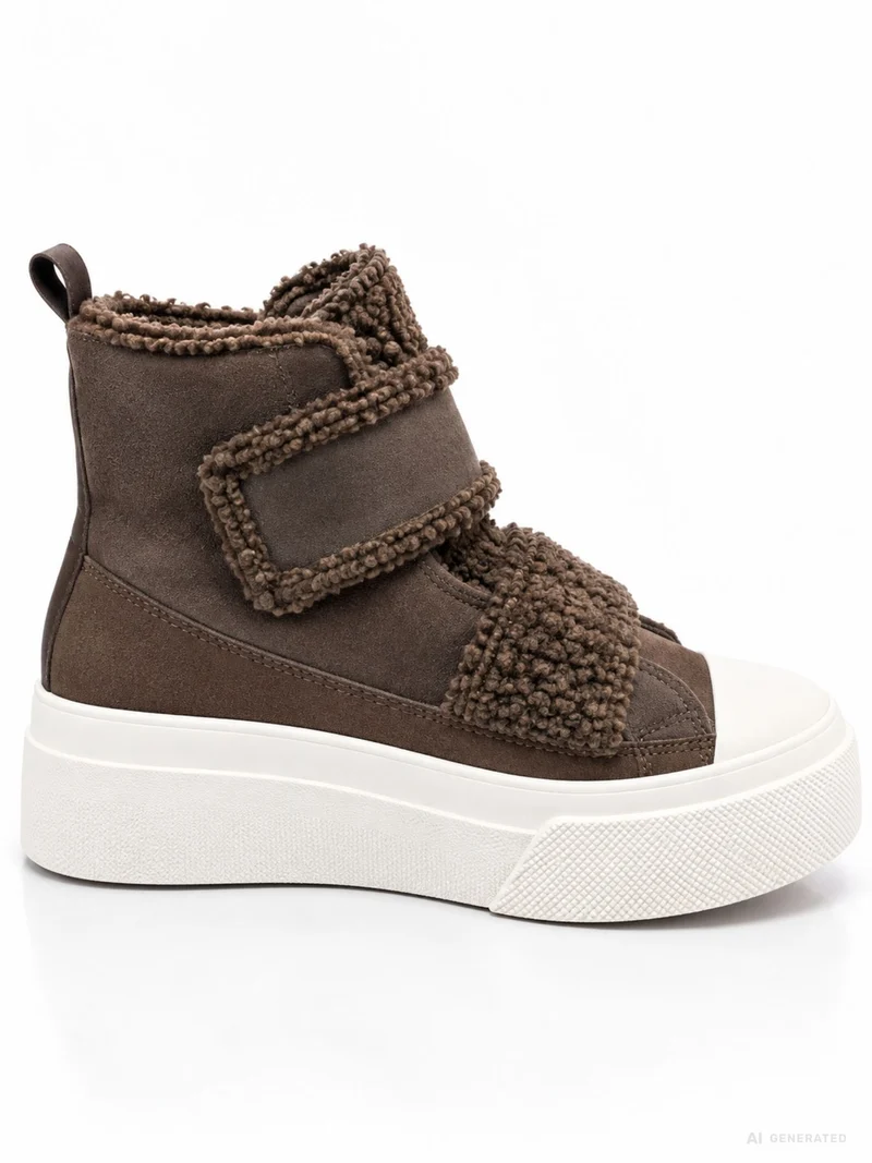 Brauner High-Top Plateau Sneaker mit Teddy-Details