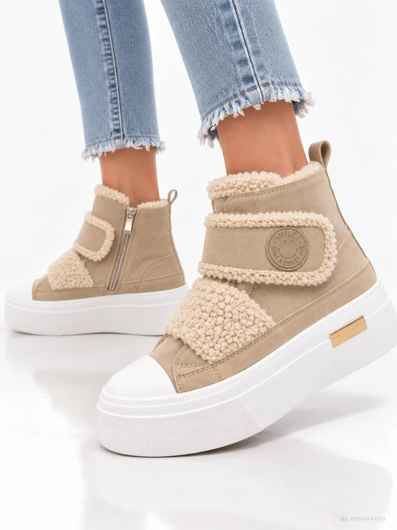 Beige High-Top Plateau Sneaker mit Teddy-Details