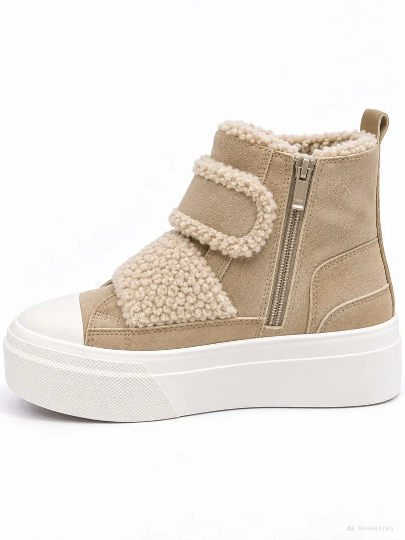 Beige High-Top Plateau Sneaker mit Teddy-Details