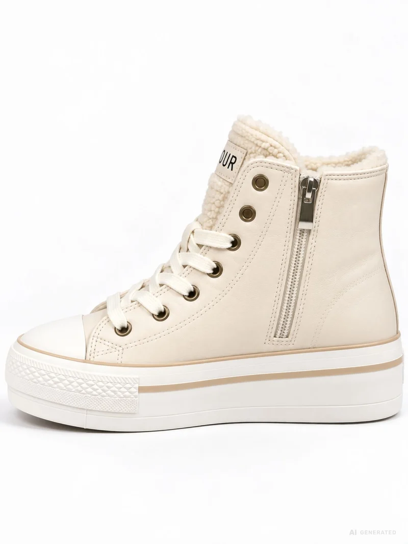 Cremefarbener High-Top Sneaker mit Plateau & AMOUR-Detail