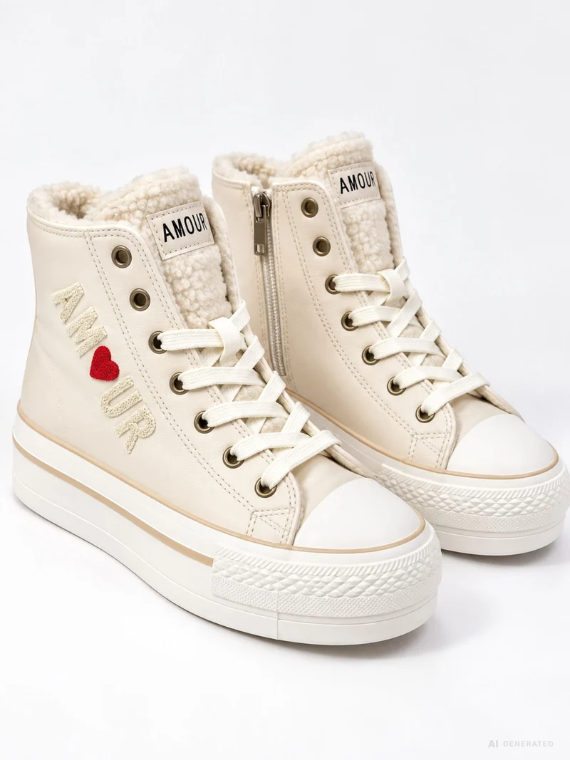 Cremefarbener High-Top Sneaker mit Plateau & AMOUR-Detail