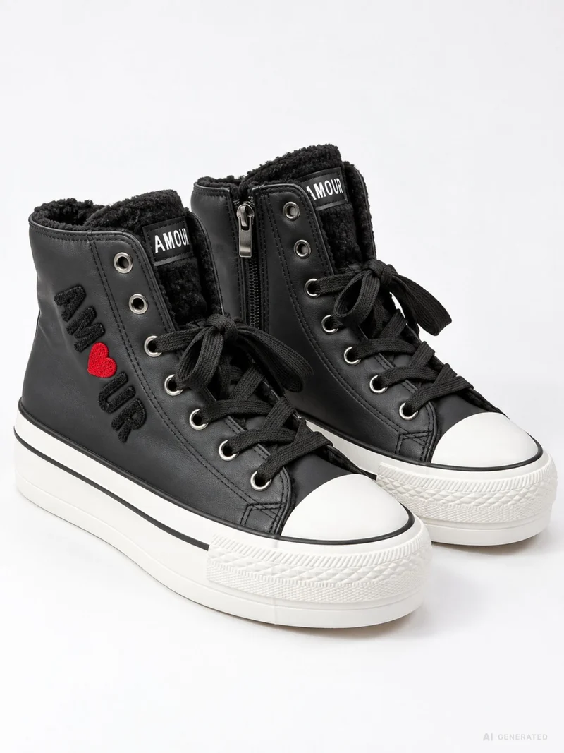 Schwarzer High-Top Sneaker mit Plateau & AMOUR-Detail